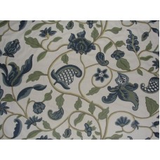 Crewel Fabric Hearty Florals Blues on Off White Cotton Duck