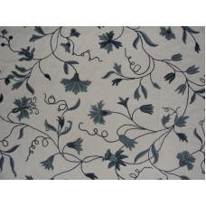 Crewel Fabric Butterflies on Vines Blues on Off White Cotton Duck