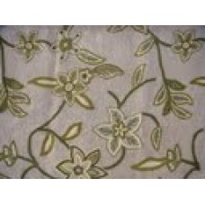 Crewel Fabric Leafy Green Natural Brown Linen