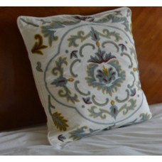 Crewel Pillow Sham Medallion Ivory Cotton 