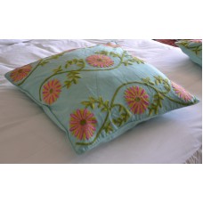 Crewel Pillow Sham Sunflower Vine Aqua 