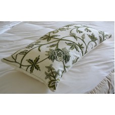 Crewel Pillow Sham Leaves Green on White Cotton King Sham 