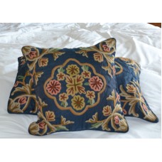 Crewel Pillow Sham Artful Florals Silky Royal Blue Silk Organza