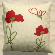 Crewel Pillow Poppies Red on White Cotton Duck