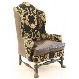 Crewel Bloom Black Velvet Upholstered  Wing Chair
