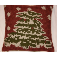 Crewel Pillow Christmas Tree Greens on Gypsy Red