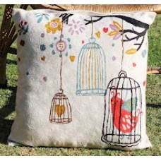 Crewel Pillow Bird in the Cage White Cotton Duck