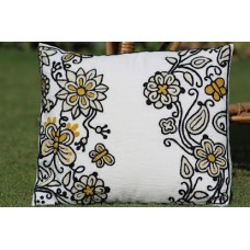 Crewel Pillow Blossoms & Butterflies Black on White Cotton Duck