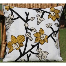 Crewel Pillow Blossoms in woods Yellow on White Cotton Duck