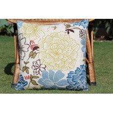 Crewel Pillow Bright Flowers Blue Cotton Duck