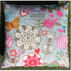 Crewel Pillow Bushes and Butterfly Pinks on Blue Cotton Duck