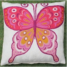 Crewel Pillow Butterfly Pink Cotton Duck