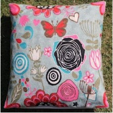 Crewel Pillow Butterfly in Bushes Pinks on Blue Cotton Duck