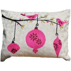 Crewel Pillow Christmas in Forest Pinks on White Cotton Duck