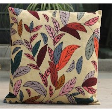 Crewel Pillow Colorful Leaves Cream Cotton Duck