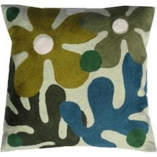 Crewel Pillow Coral & Flowers Blue and yellow Cotton Duck