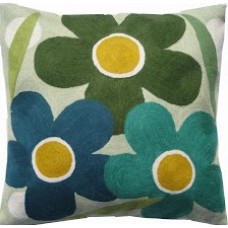 Crewel Pillow Dora Blue and Green Cotton Duck