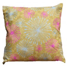 Crewel Pillow Fireworks multicolor on mustard yellow Cotton Duck