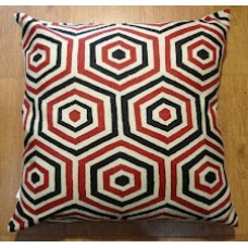 Crewel Pillow Hexagons Red and Black Cotton Duck