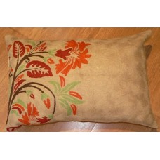 Crewel Pillow Hibiscus Orange on Cream Cotton Duck
