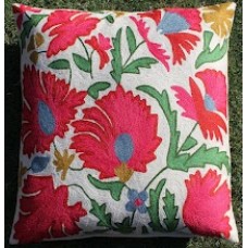 Crewel Pillow Jewel Flower Red Cotton Duck
