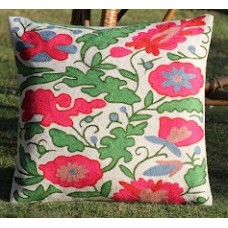 Crewel Pillow Jewel Weed Red and Green Cotton Duck