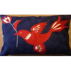 Crewel Pillow Love messenger Red on Blue Cotton Duck