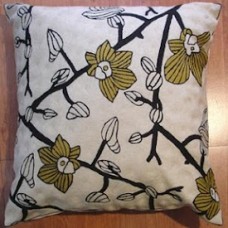 Crewel Pillow Orchids Winter Yellow on White Cotton Duck