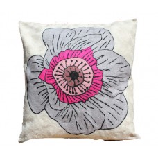 Crewel Pillow Peony Pink and grey Cotton Duck