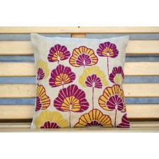 Crewel Pillow Poppies Pinks and Yellows on White Cotton Duck