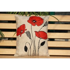 Crewel Pillow Poppies modern Red Cotton Duck