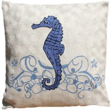 Crewel Pillow Sea Horse Blue on White Cotton Duck