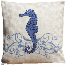 Crewel Pillow Sea Horse Royal blue on White Cotton Duck