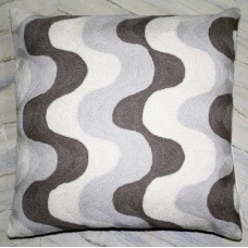 Crewel Pillow Shore Waves White and Grey Cotton Duck
