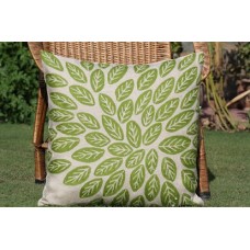 Crewel Pillow Spring Leaves Green on White Cotton Duck