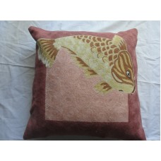 Crewel Pillow Tropical fish Rustic Red Cotton Duck