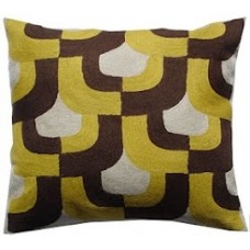 Crewel Pillow hoops and loops Yellow and Brown on White Cotton D