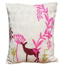 Crewel Pillow lost in forest Pink on White Cotton Duck