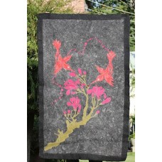 Crewel Rug Birds on Branches Red and Pinks on Grey Chain Stitched Wool Rug