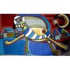 Crewel Rug Crazy Cat Blue Chain Stitched Wool Rug