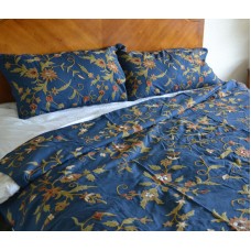 Crewel Bedding Floral Spread Royal Blue Cotton 