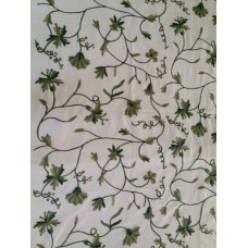 Crewel Fabric Butterflies on vines Green on White Cotton Duck