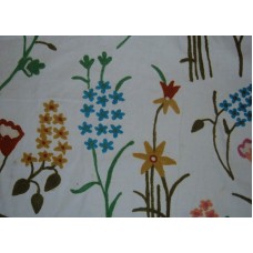 Crewel Fabric Tulip Garden Blues and Yellows on Cotton Duck