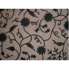 Crewel Fabric Floral Vine Black on Dark Melange Wool
