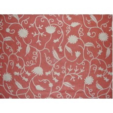 Crewel Fabric Floral Vine White on Coral Linen