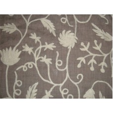 Crewel Fabric Floral Vine White on Dark Melange Wool