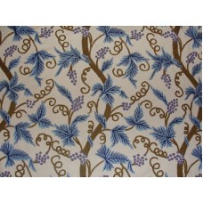 Crewel Fabric Grapevine Blue on Off White Cotton Duck