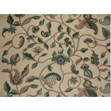 Crewel Fabric Hearty Florals Greens on Butter Khaki Cotton Duck