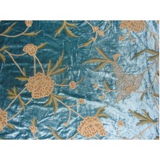 Crewel Fabric Leafy Vine Turquoise Cotton Viscose Velvet
