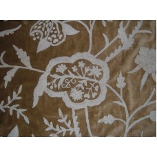 Crewel Fabric Lotus Classic White on Tan Brown Cotton Velvet